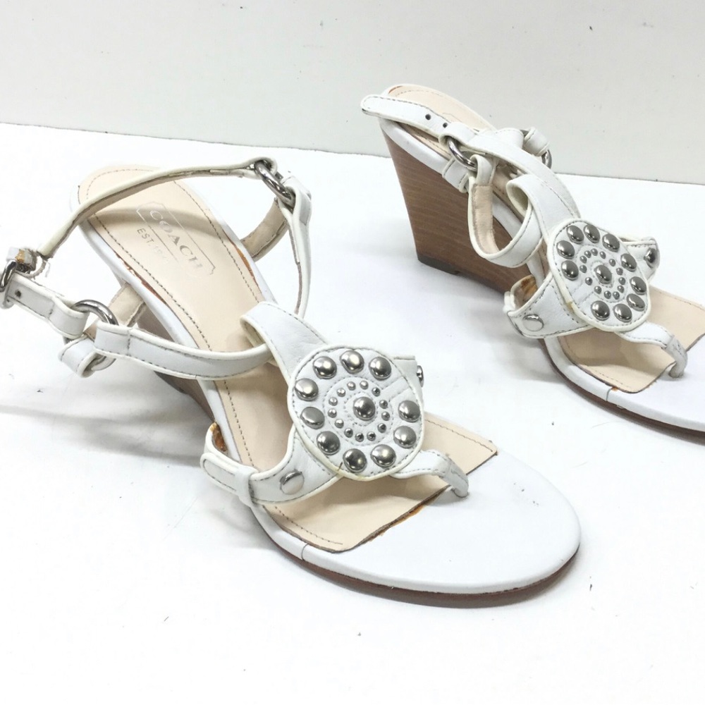 COACH Harper Sandals White Genuine Leather Silver Studded Details Wedge Sz. 8 - Picture 2 of 10